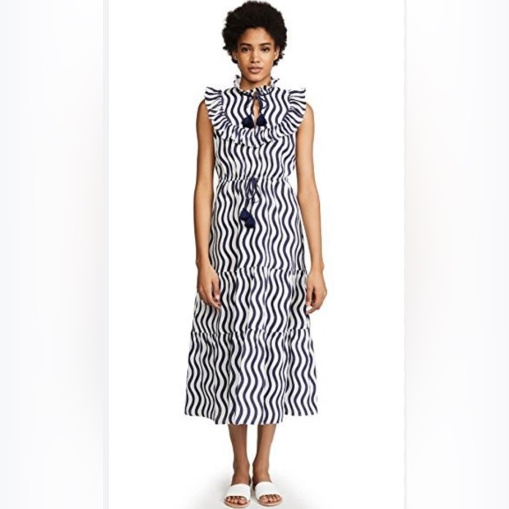 Sleeveless Navy and White Wavy Stripe Midi Dress